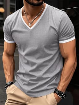 New Summer Casual Vacation-Style Men's V-Neck Short-SleeveTop, Stylish, Refreshing, Comfortable And Breathable For Summer