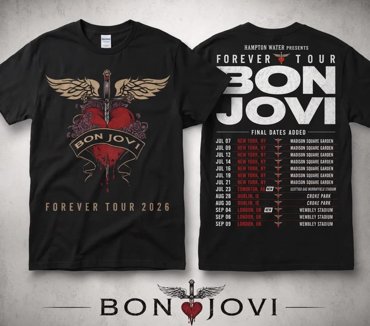 Forever Tour 2026 Bon Jovi Double Sided Printed T-shirt Heart Dagger Wings Graphic Rock Music Fan Casual Cotton Short Sleeve