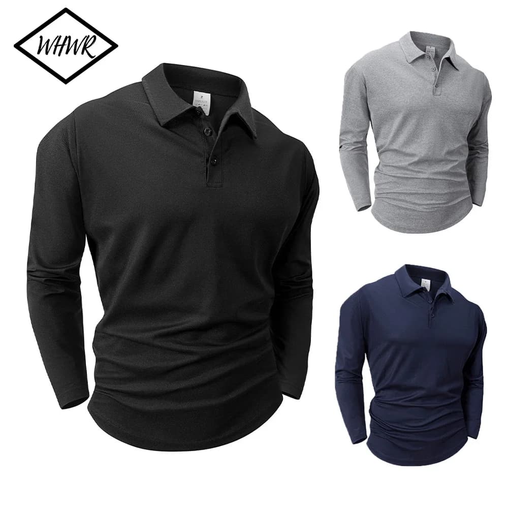 Spring Men's Casual Business Long Sleeve Shirt Solid Color Breathable Lapel T-shirt Men's Outdoor Long Sleeve Polo Shirt Top