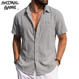 Men's Linen Shirts Short Sleeve Casual Shirts Button Down Shirt for Men Summer Beach Wedding Shirt Solid Color Hawaiian Shirt