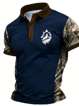 American Men's Summer Camouflage Wolf Moon Print Comfortable and Breathable Polo Short Sleeved T-Shirt Outdoor Casual Top