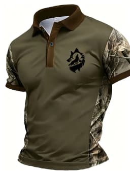 American Men's Summer Camouflage Wolf Moon Print Comfortable and Breathable Polo Short Sleeved T-Shirt Outdoor Casual Top