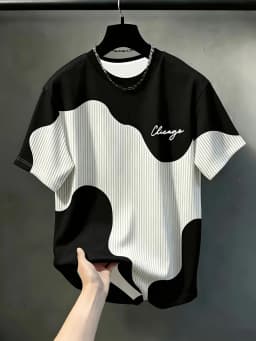 European and American Men's Summer Simple Letter Splicing Print Comfortable and Breathable Round Neck T-Shirt Outdoor Casual Top