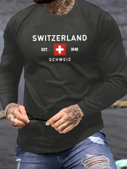 100% Pure Cotton Men's Long Sleeved Round Neck Loose Switzerland Pattern Printed Spring and Autumn Casual Versatile T-Shirt Top