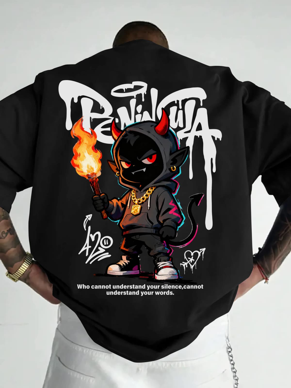 Streetwear Style Cartoon Devil Graffiti Print on Premium 100% Cotton Mens T Shirt Perfect for Summer Urban Style