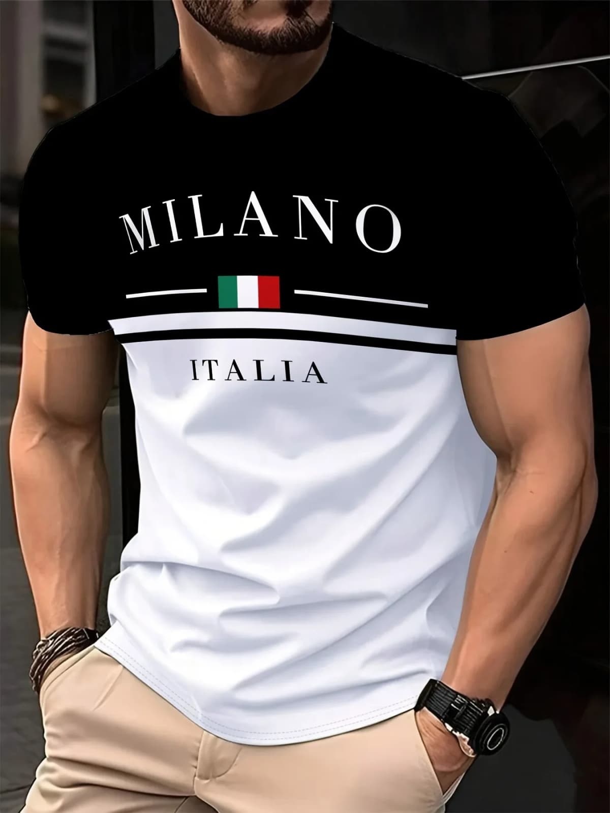 Italia Milano Letter Pattern 3D Prited Men's Tshirts Short Sleeve Casual Tops Mens O-neck T-shirt Boys Loose Streetwear