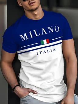 Italia Milano Letter Pattern 3D Prited Men's Tshirts Short Sleeve Casual Tops Mens O-neck T-shirt Boys Loose Streetwear