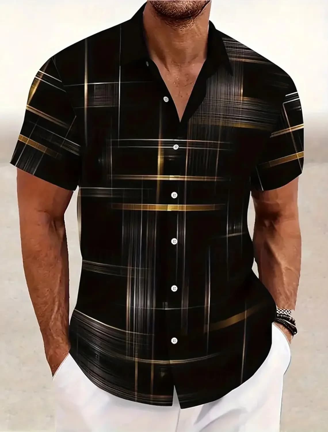 Summer Men's Geometric Grid Plaid Shirts Short SleeveTurndown Hawaiian Shirt Button Up Shirts No Pockets Shirts