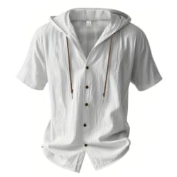 Summer Men's Hooded Cotton Linen Shirt Solid Color Breathable Lightweight Short Sleeve Drawstring Design Tees Male Casual Tops