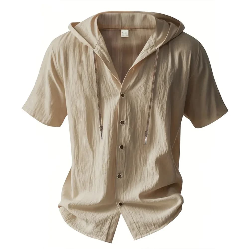 Summer Men's Hooded Cotton Linen Shirt Solid Color Breathable Lightweight Short Sleeve Drawstring Design Tees Male Casual Tops