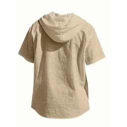 Summer Men's Hooded Cotton Linen Shirt Solid Color Breathable Lightweight Short Sleeve Drawstring Design Tees Male Casual Tops