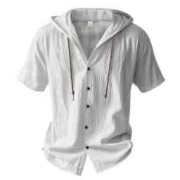 Summer Men's Hooded Cotton Linen Shirt Solid Color Breathable Lightweight Short Sleeve Drawstring Design Tees Male Casual Tops