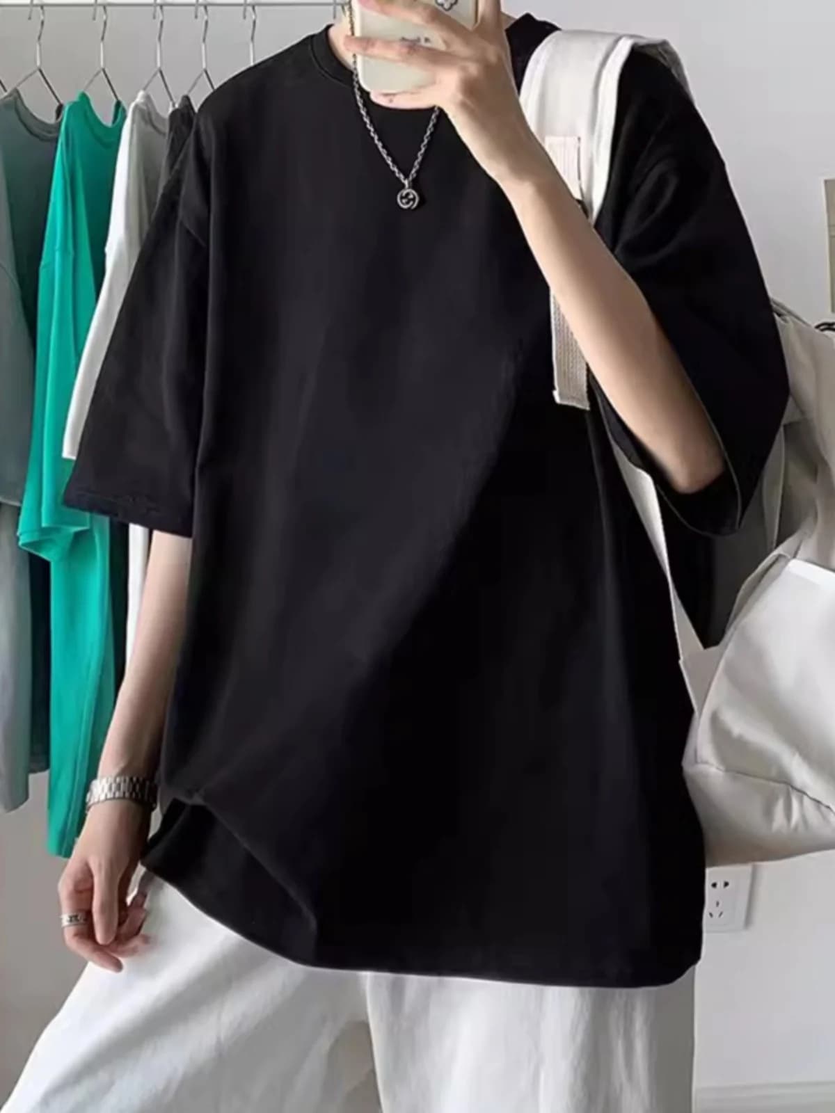 Pure black pure cotton short sleeved T-shirt for men as base, all season solid color loose couple pure cotton T-shirt