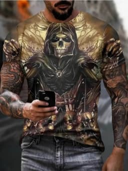 Fashionable New Summer Men's Personalized Skull Print Comfortable and Breathable Round Neck T-Shirt Outdoor Party Top