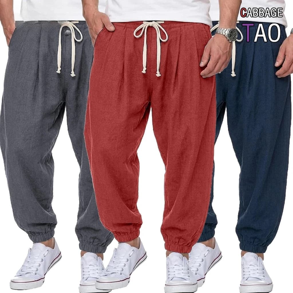 Mens Cotton Linen Trousers Casual Loose Fit Harem Pants Drawstring Bottoms for Spring Autumn Streetwear Joggers for Daily Wear
