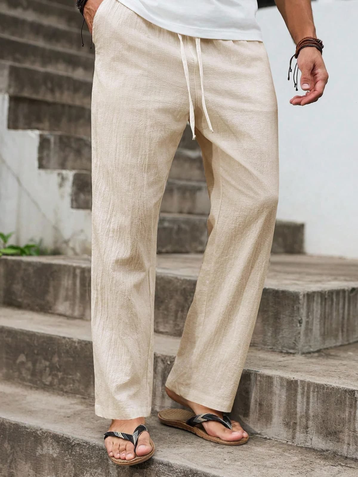 Autumn Winter New Linen Straight-Cut Leisure Pants for Men, Breathable Lightweight Beach-Style Cotton-Linen Long Pants