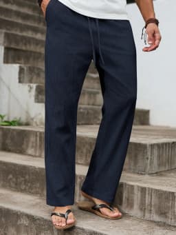 Autumn Winter New Linen Straight-Cut Leisure Pants for Men, Breathable Lightweight Beach-Style Cotton-Linen Long Pants