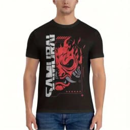 Men's Vintage Japanese Gaming 2077 Cyber Samurai T-Shirt Black Cotton Round Neck Tee with Retro-Futuristic Punk Art in Red