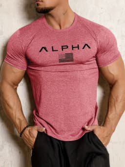 2026 New Summer Men's ALPHA Print Muscle T-Shirt Slim Fit Short Sleeve Breathable Quick Dry Gym Workout Fitness Casual Tops