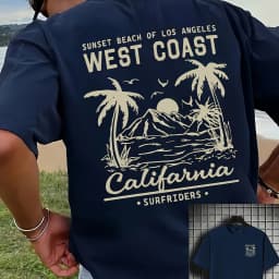 Men's 100% Pure Cotton Casual Loose Retro California Beach Surfing Pattern Printed Round Neck Short Sleeved T-Shirt Top