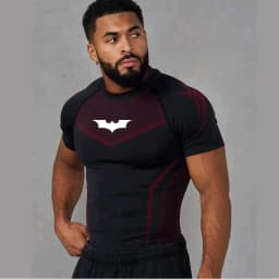 Men's Compression Long Sleeve Shirt Superhero Bat Print Workout Tops Breathable Quick Dry Athletic Base Layer for Gym Running Tr