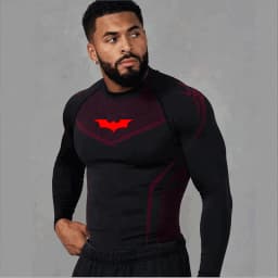 Men's Compression Long Sleeve Shirt Superhero Bat Print Workout Tops Breathable Quick Dry Athletic Base Layer for Gym Running Tr