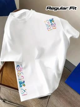 Men's 100% Cotton Graffiti Rainbow Letter Pattern T-Shirt Summer Casual Fashion Short-Sleeve T-Shirt Street Style Crew Neck Top