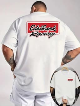 Men's Edelbrock Racing Graphic T-Shirt Light Grey Front and Back Print Sweatshirt Perfect for Racing Enthusiasts' Casual Wear