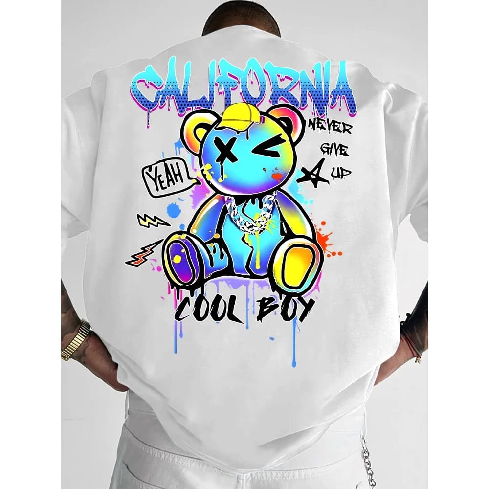 Summer New Men California Bear and Lightning Arrow Star Pattern Loose T-shirt 100% Pure Cotton Soft Material Versatile Trendy