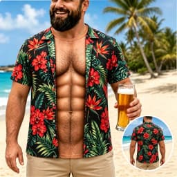 Men Funny Muscle Illusion T-Shirt, 3D Print Fake Open Hawaiian Tee, Too Hot To Handle Summer Holiday Casual Gift