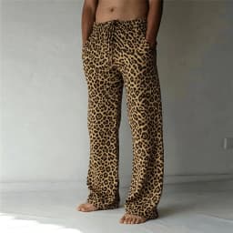 Men's Classic Leopard Print Drawstring Wide Leg Pants, Retro Casual Straight Pants for Spring & Summer
