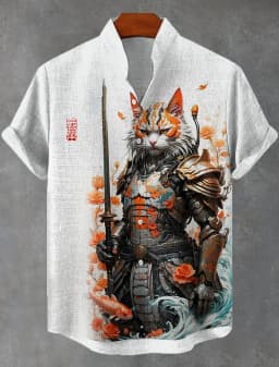 Men's Edo Cat Samurai Warrior Japanese Art Anime Shirts 3D Print Casual Hawaiian Shirts Summer Men Women Short Sleeve Blouse Top