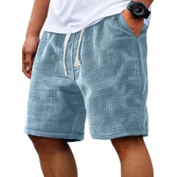 Men Shorts Solid Color Mid Waist Summer Motion Waffle Texture Deep Crotch Drawstring Mens Shorts Loose Knee Length Casual Short
