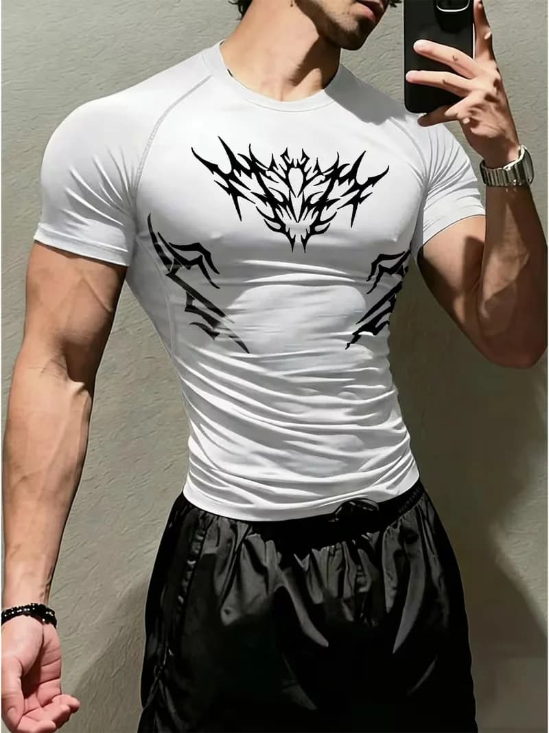 Men's sports tight short sleeved shirt with pink spider pattern print design, breathable, quick drying, sweat absorbing
