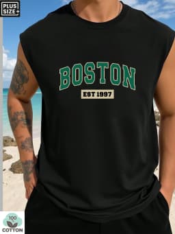 100 Cotton Men's Summer Fashion Casual Sports Loose Boston Est 1997 Print Comfortable Breathable Round Neck Sleeveless Vest