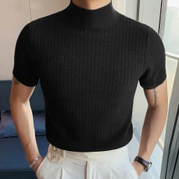 Summer New Casual Simple Knitted Base Shirt European and American Men's High Neck Water Ripple Solid Color T-Shirt