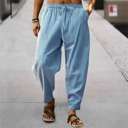 New Men Cotton Linen Pants Summer and Autumn Solid High Waist Wide-Leg Trousers Male Loose Hemp Casual Breathable Sports Pants