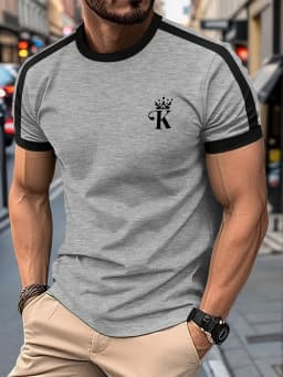 T Shirt for Man Men's Black and Golden Casual T-shirt Printed with "King" Crown + Arm Pattern Clothing Light Luxury Personality