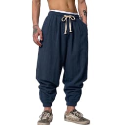 Mens Linen Blend Pants Drawstring Harem Style Loose Baggy Fit Trousers Multi use for Spring and Autumn Ideal for Yoga and Everyd