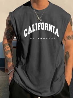 100% Pure Cotton Men's Summer Fashion Casual Sports Loose California Letter Print Fitness Breathable Round Neck Sleeveless Vest