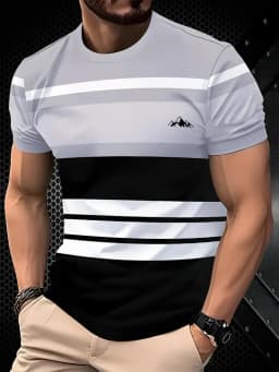 Summer classic men's T-shirt: Outdoor round-neck short-sleeved top with striped print, loose street men's T-shirt with additiona