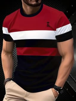 Summer classic men's T-shirt: Outdoor round-neck short-sleeved top with striped print, loose street men's T-shirt with additiona