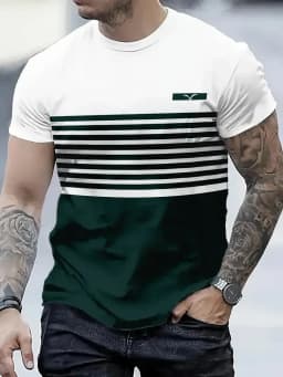 Summer classic men's T-shirt: Outdoor round-neck short-sleeved top with striped print, loose street men's T-shirt with additiona
