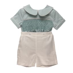 Children Boutique Clothing Boys Handmade Smocked Embroidered Green Set Cotton Linen Short Sleeves BABI Baptismal Clothing Suit