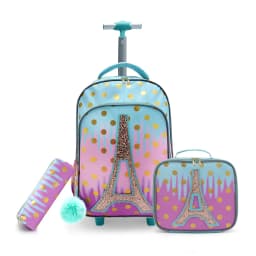 3PCS Rolling Backpack for Girls Kids Wheeled School BookBag With Lunch And Pen Bag Iron Tower Pink Glow-in-the-dark Function