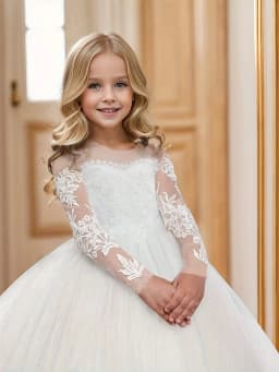 Lace Embroidered Tulle Long-Sleeved Children's Train Flower Girl Dress