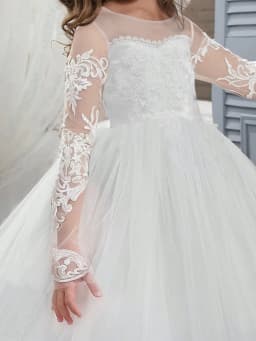 Lace Embroidered Tulle Long-Sleeved Children's Train Flower Girl Dress