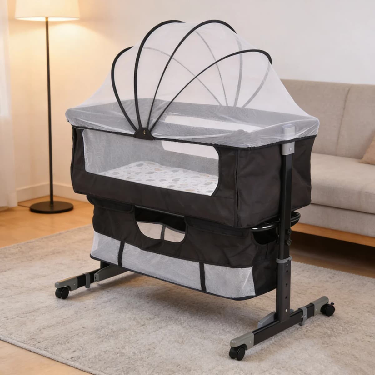3-in-1 Baby Co-Sleeping Crib with Mattress, Baby Bed, Folding Newborn Crib with Adjustable Height, Incline, Wheels with Brake