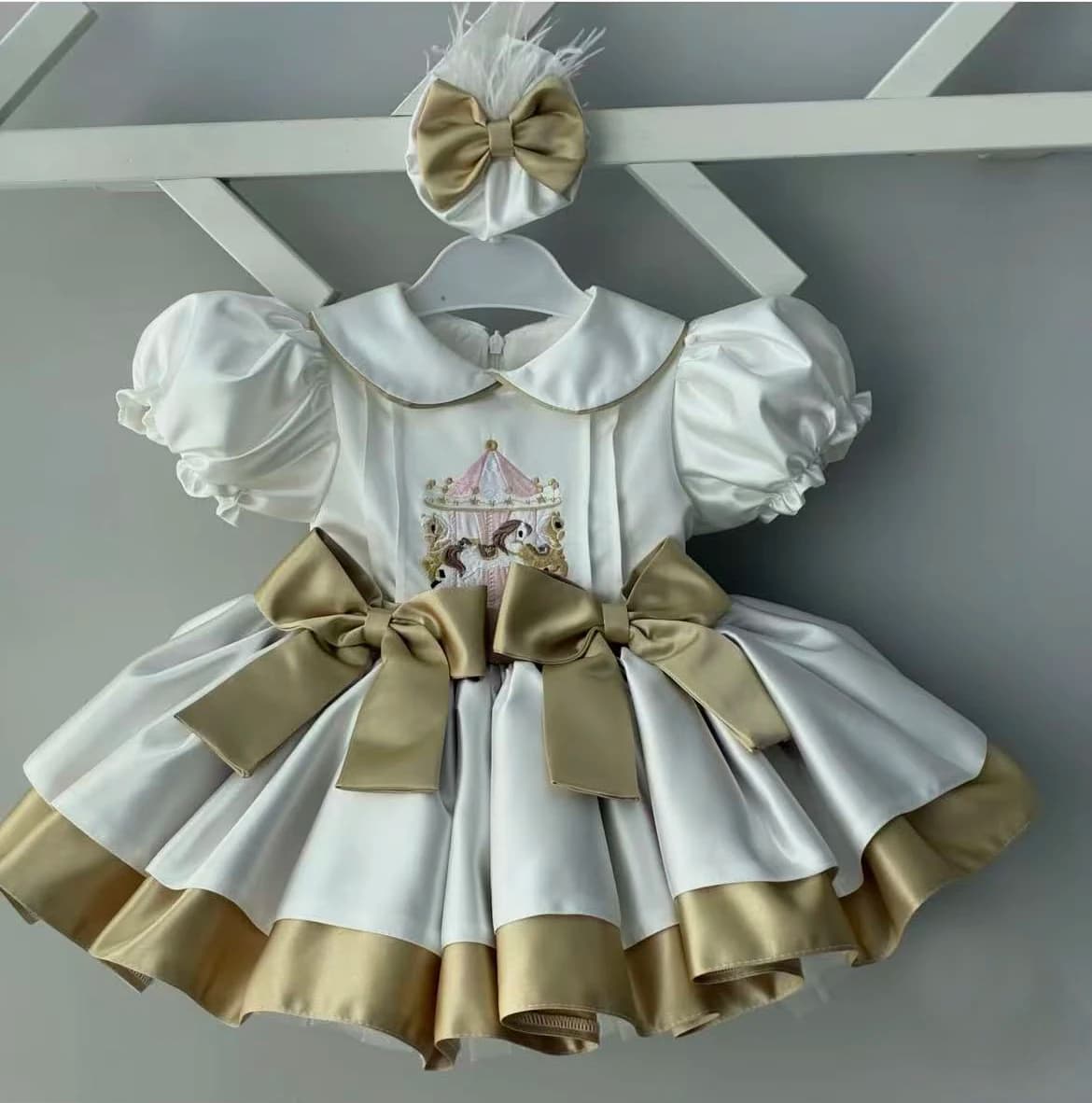 0-12Y Baby Girl Summer Beige Carousel Embroidery Vintage Princess Dress for Birthday Photography Holiday Eid B564