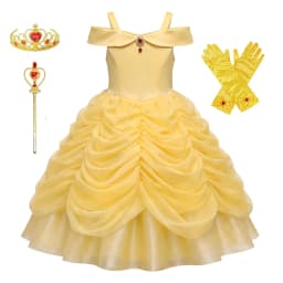 Girls Luxury Yellow Off Shoulder Princess Dress Ruby Accents Belle Cosplay Costume Birthday Party Elegant Ruched Tulle Ball Gown